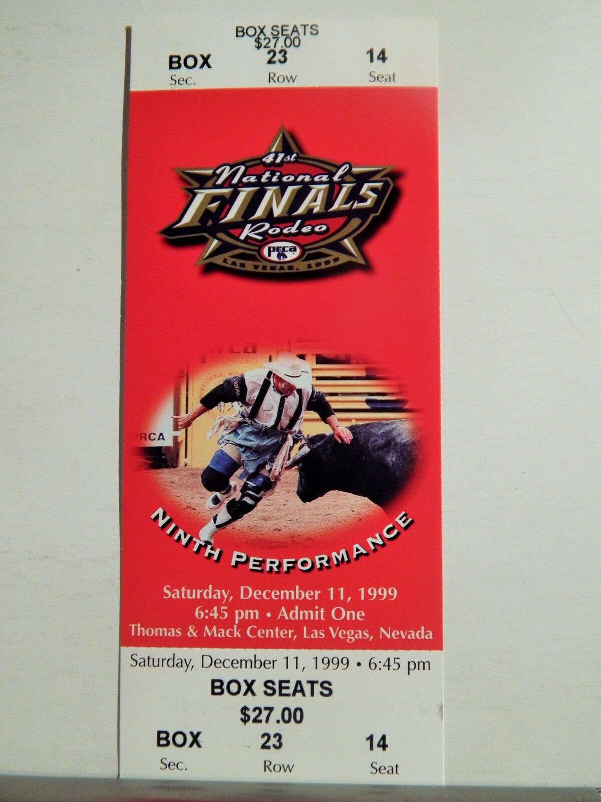 1999 NATIONAL FINALS RODEO LG ORIGINAL USED TICKET BULL CLOWN COLOR Photo Poster painting NEW