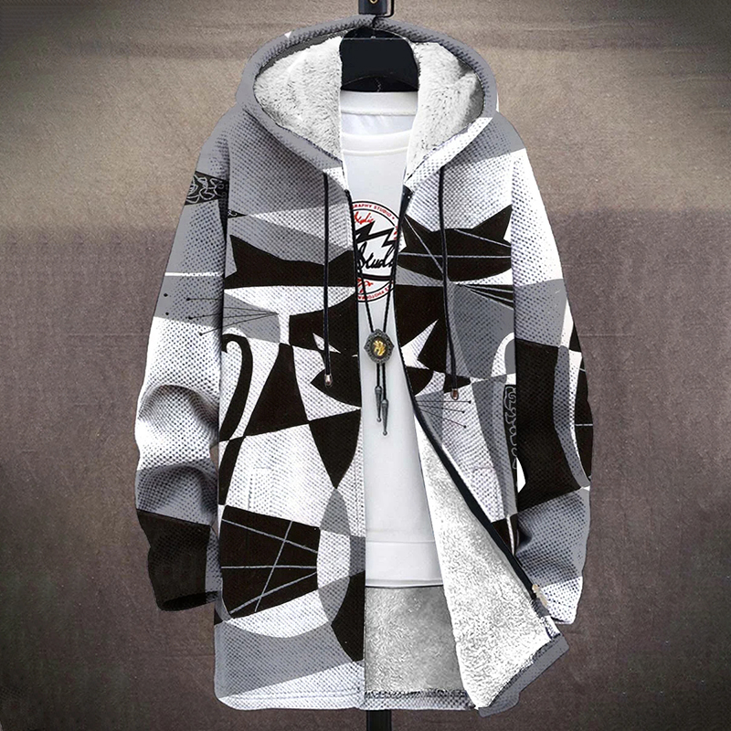 Retro Cat Geometric Pattern Print Plush Thick Long Sleeved Sweater Cardigan Coat wearshes