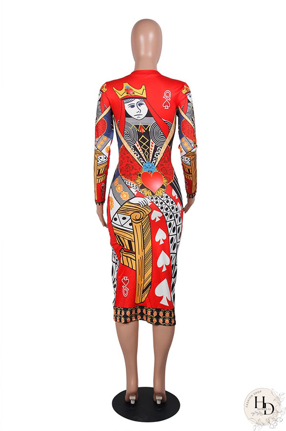 As Show Fashion Long Sleeves O neck Slim Dress Mid-Calf Print Print Dresses