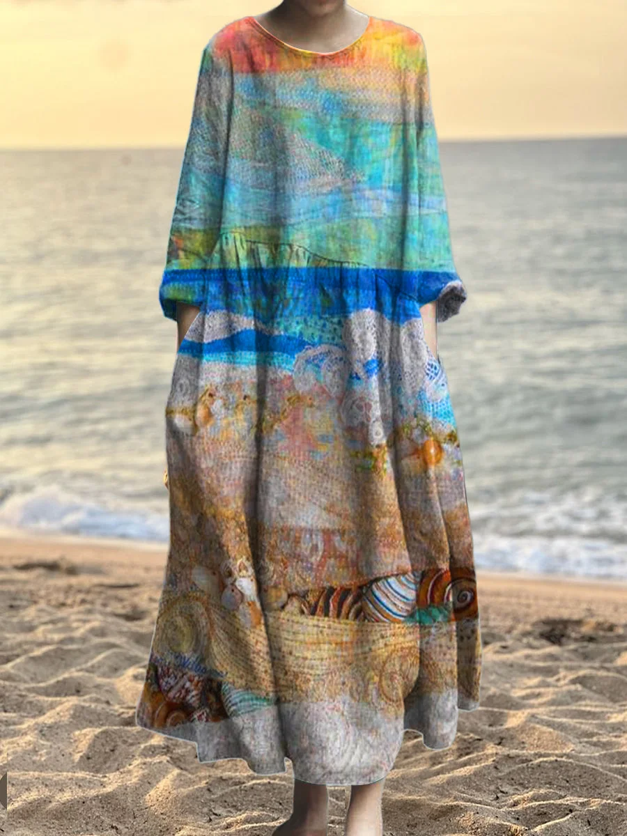 Women's Sunset Golden Beach Art Print Pocket Cotton Dress