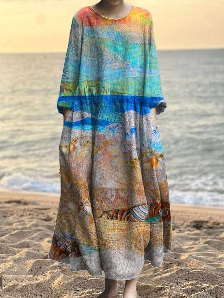Women's Sunset Golden Beach Art Print Pocket Cotton Dress