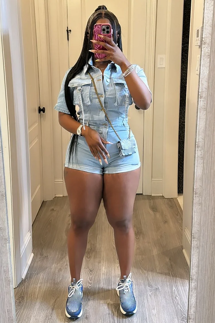 Turndown Collar Short Sleeve Button Up Pockets Denim Playsuit Romper-Blue