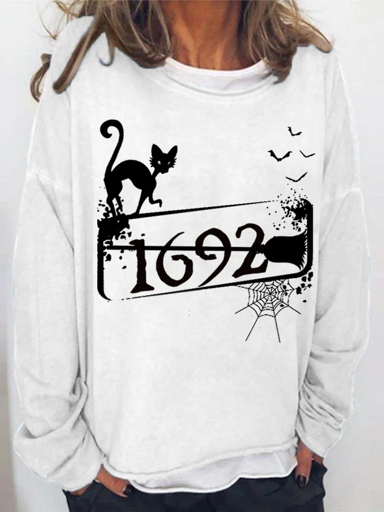  Halloween 1692 Black Cat Witch Print Sweatshirt socialshop