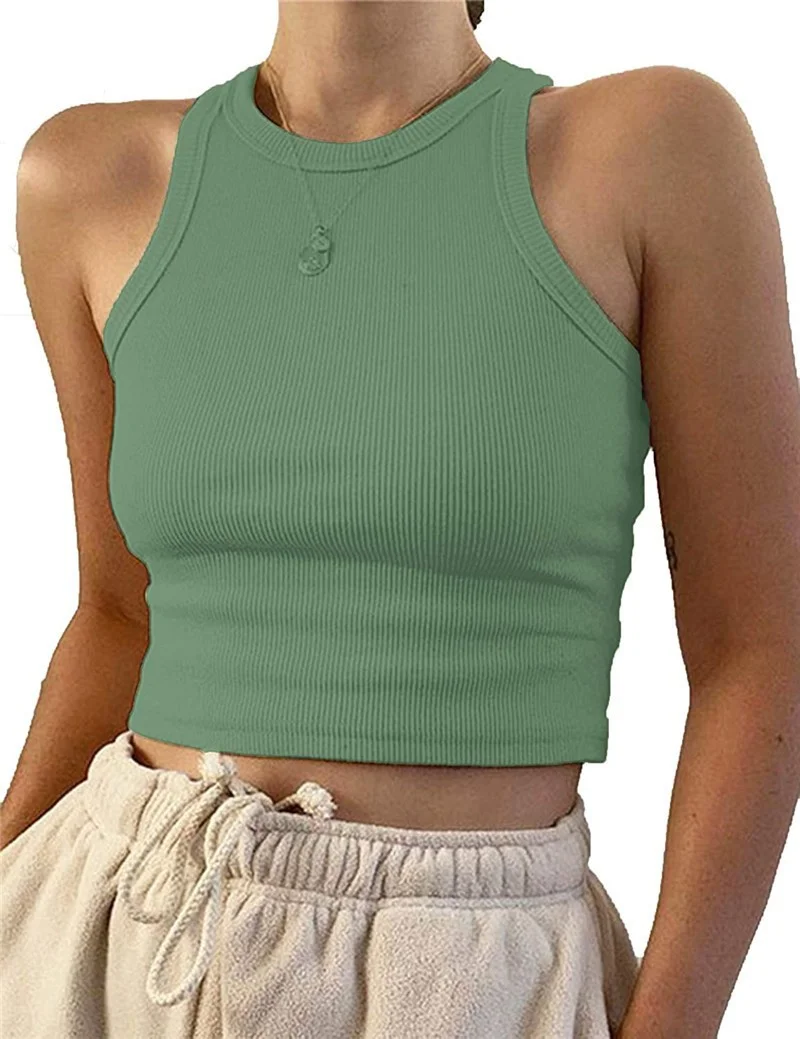 Uveng Uveng Women's New Women's Sexy Sleeveless Round Neck Rib Knit Vest Crop Top