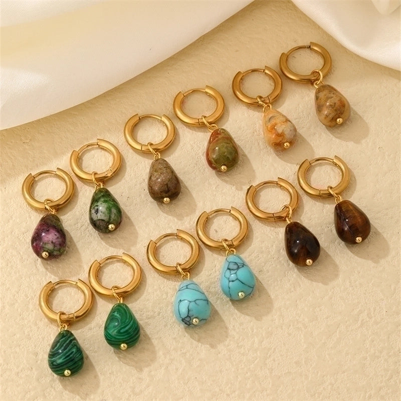 1 Pair Casual Minimalist Water Droplets Plating 304 Stainless Steel Natural Stone K Gold Plated Drop Earrings