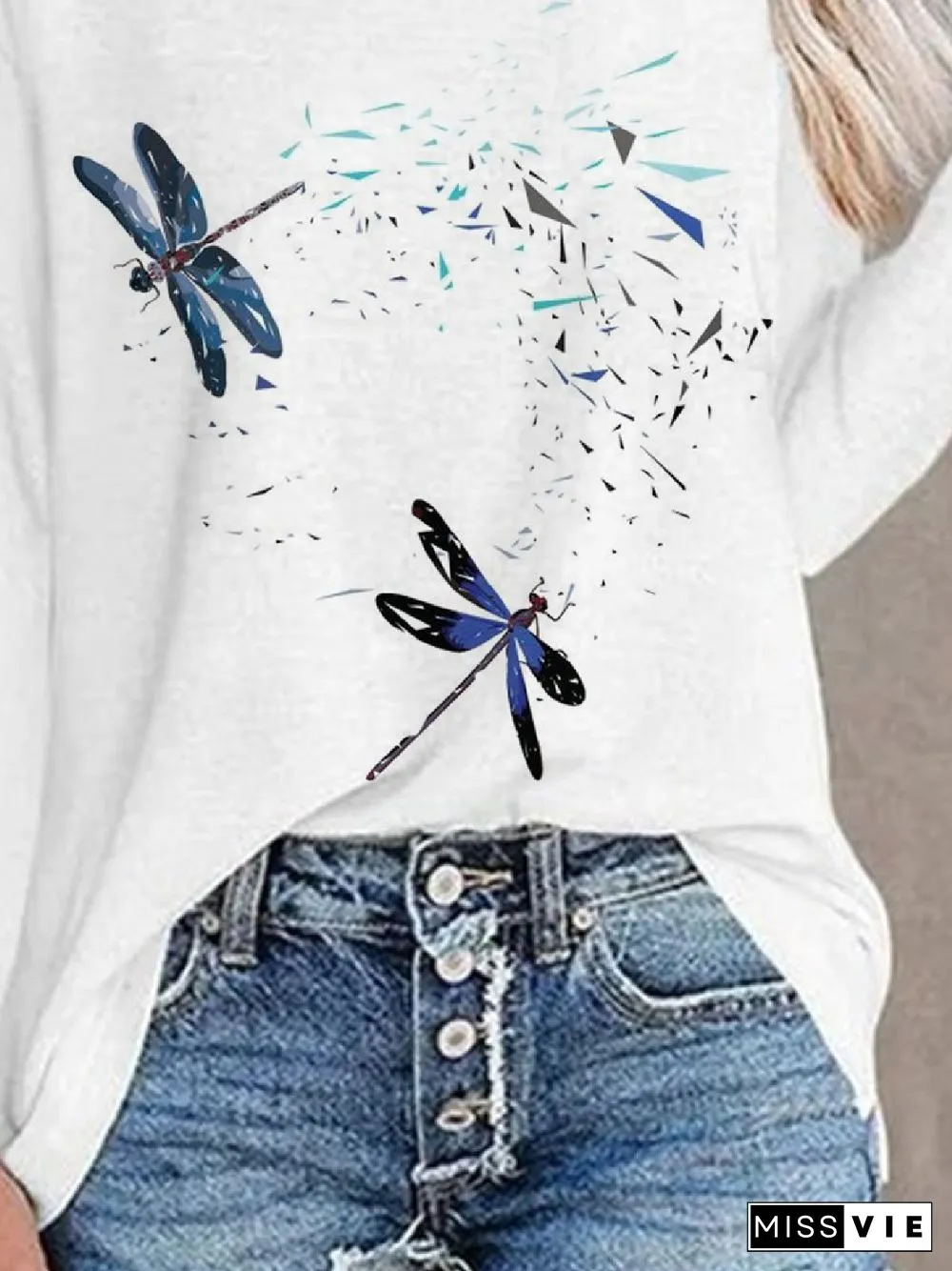 Casual Dragonfly Crew Neck Loose Long sleeve T-Shirt