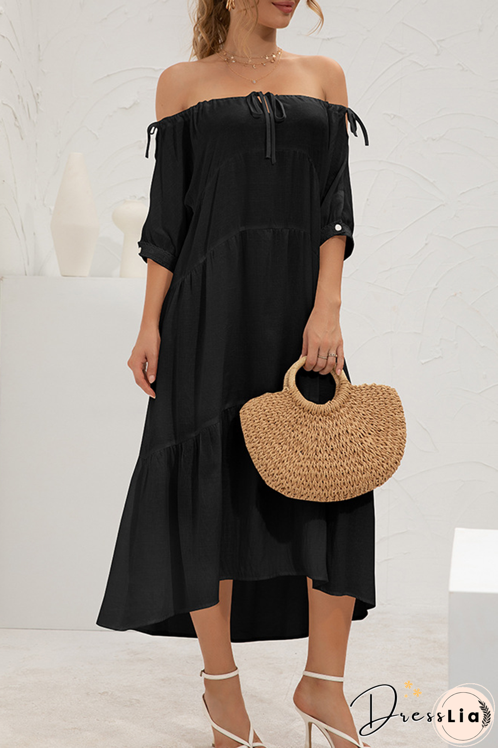 Elegant Solid Split Joint Frenulum Off The Shoulder Cake Skirt Dresses