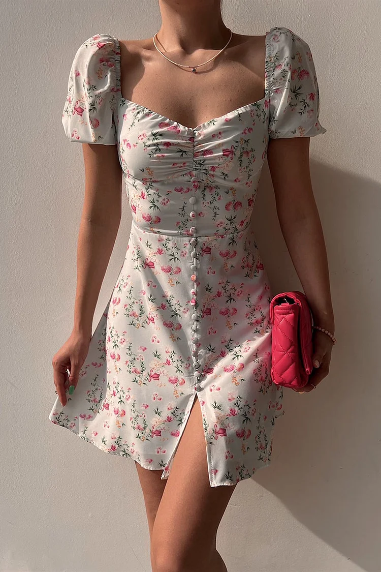 Irregular Neck Short Puffy Sleeve Button Slit Ruched Floral Print Vacation Mini Dress