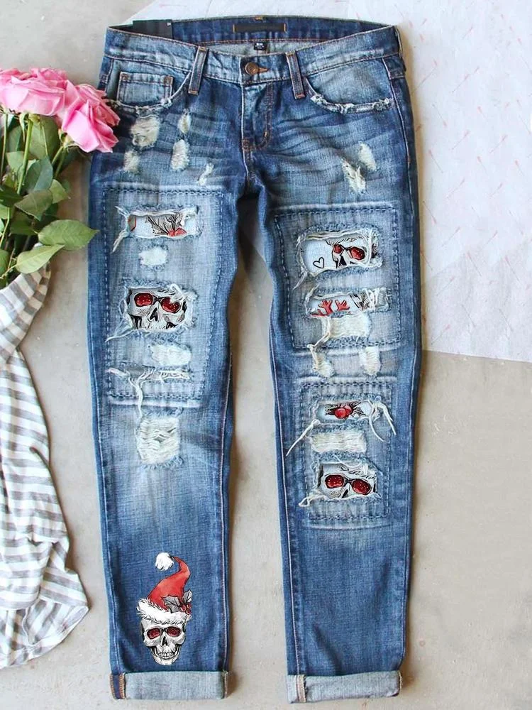 Women's Christmas Skull Printed Loose Straight Jeans