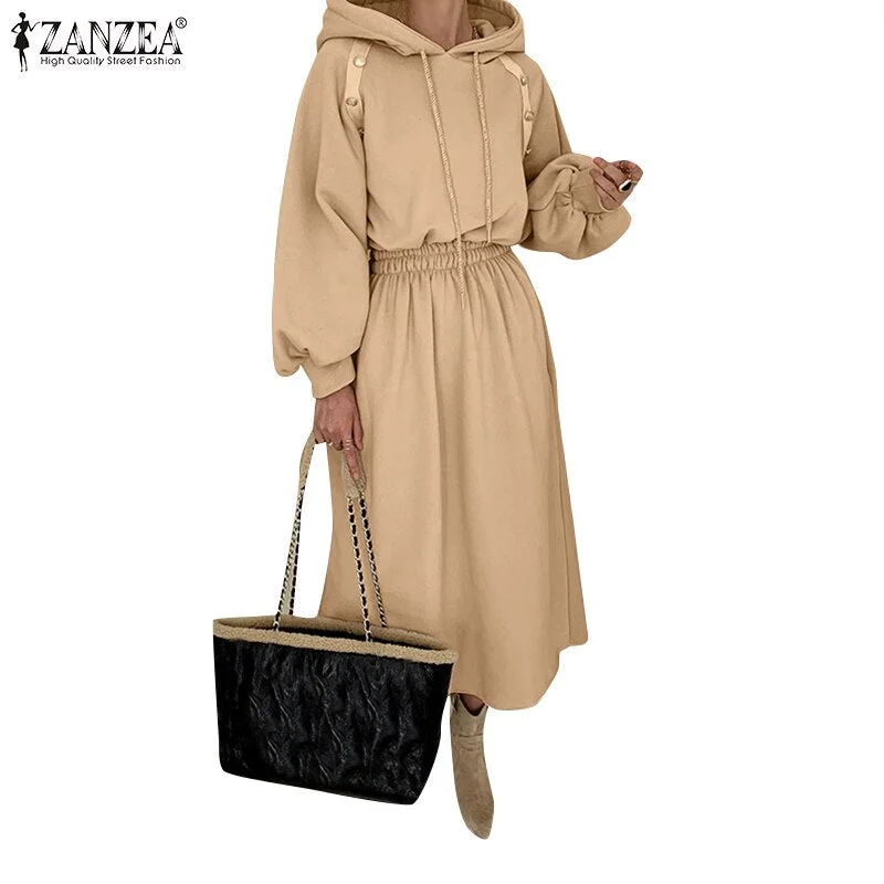 Women Elegant Solid Sweatshirt Dress 2022 Autumn Winter Hooded Robe ZANZEA Holiday Hoodies Vestido Female OL Casual Midi Dresses