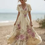 Bohemian Style Pink Rose V-neck Short-sleeved Dress - Image 2