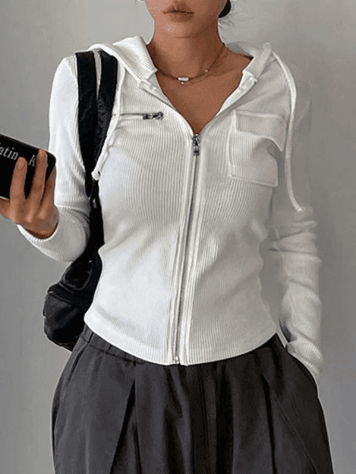Brownm White Zip-Up Hooded Cropped Knit Top