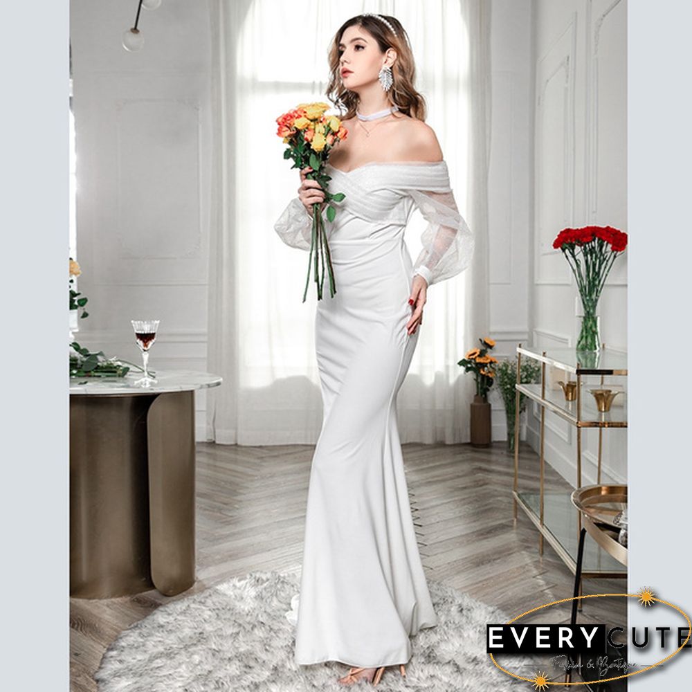 Women Fashion Evening Party Solid Color Drop Shoulder Wedding Dress