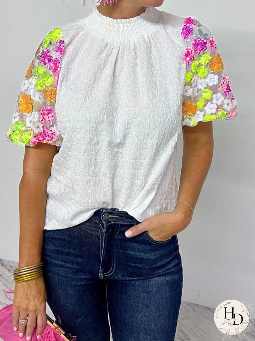 White Embroidered Puff Sleeve Top