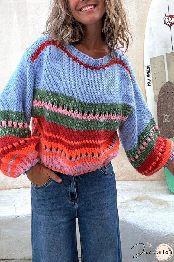 Rainbow Mood Multicolor Round Neck Hollow Long Sleeve Knitted Sweater