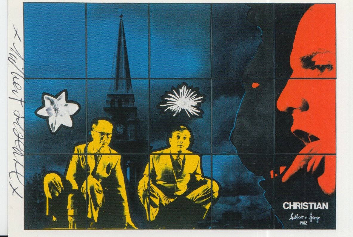 GILBERT AND GEORGE HAND SIGNED 6X4 POSTCARD CHRISTIAN.