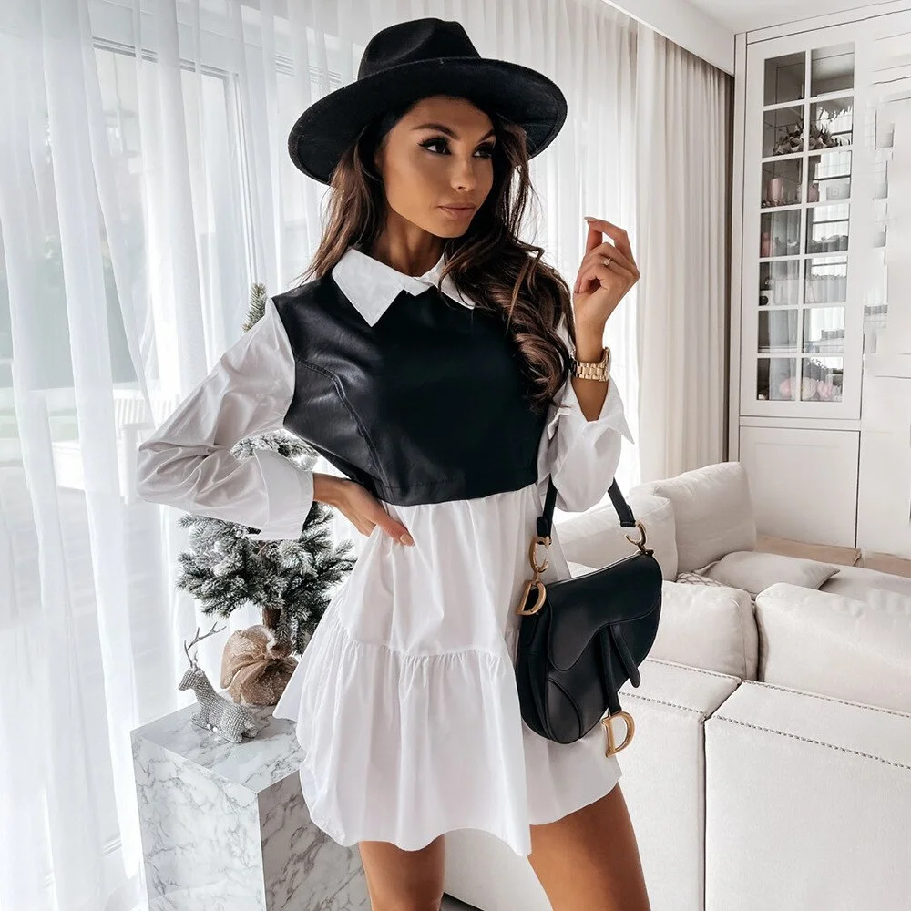 Fall Shirt Collar Y2k Dress Women Patchwork Contrast Print Plaid Leather Women's Dress Vestidos De Mujer