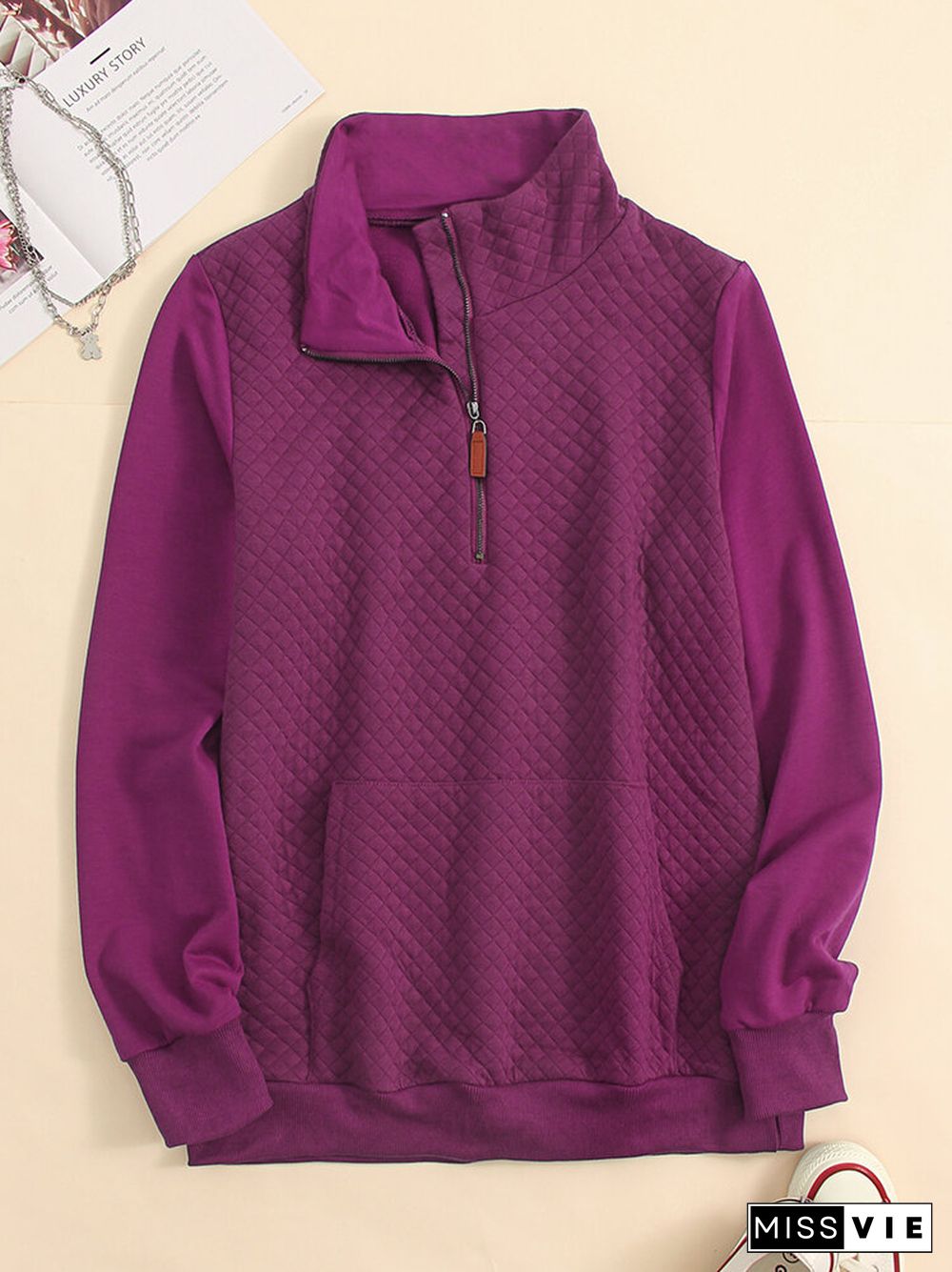 Solid Zip Front Pocket Long Sleeve Lapel Women Sweatshirt