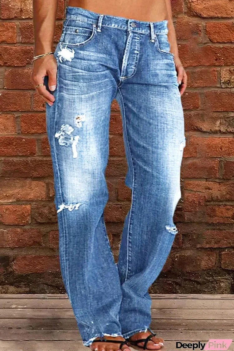 Casual Street Patchwork Ripped Straight Denim Jeans(5 Colors)