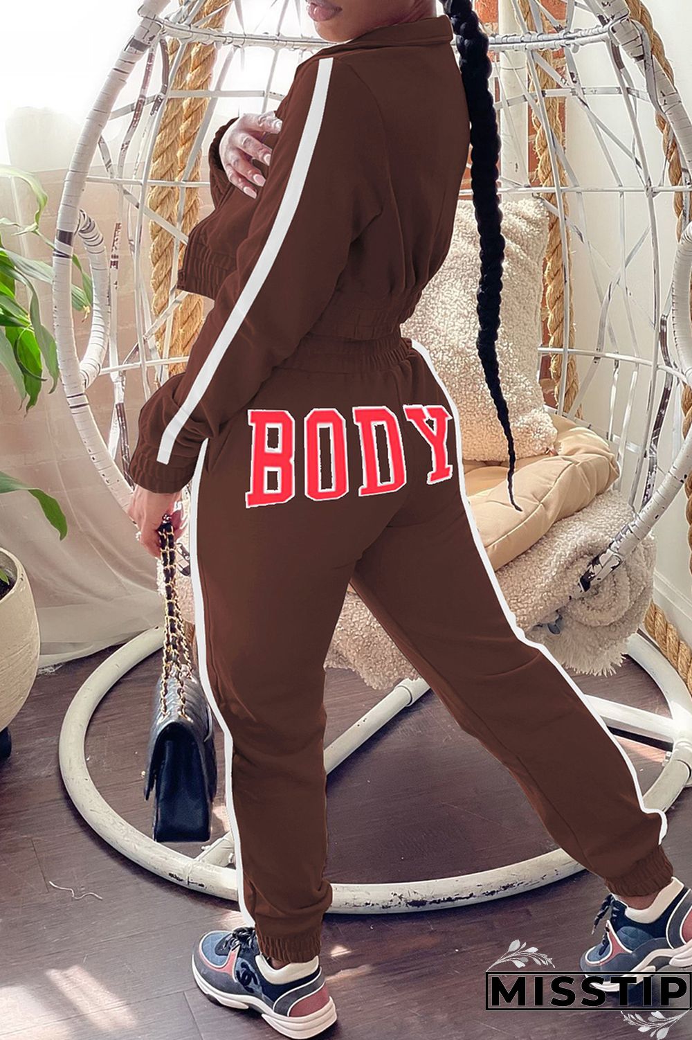 Blue Casual Letter Print Patchwork Zipper Collar Long Sleeve Two Pieces