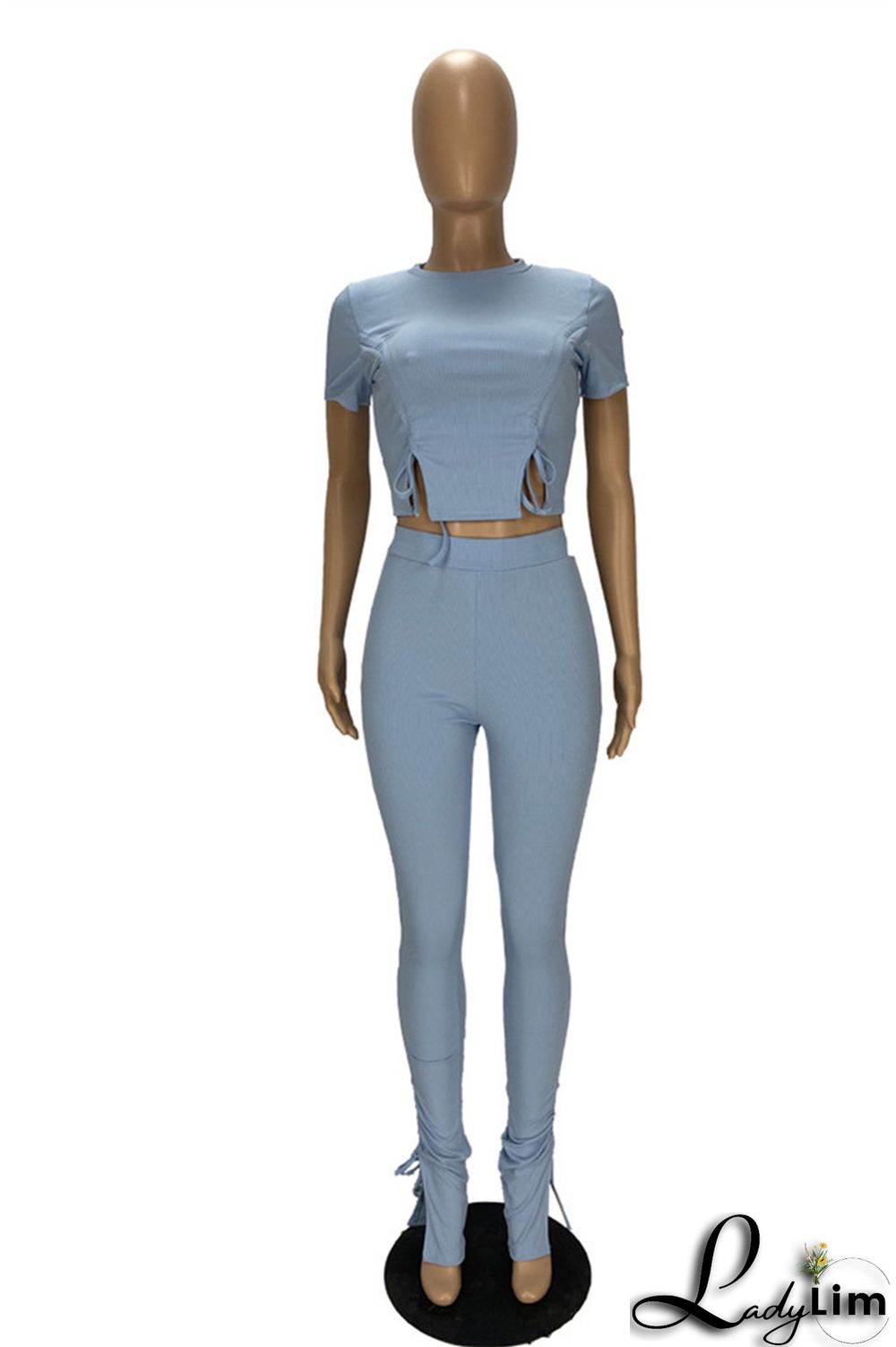 Khaki Fashion Casual Solid Draw String Frenulum O Neck Short Sleeve Two Pieces