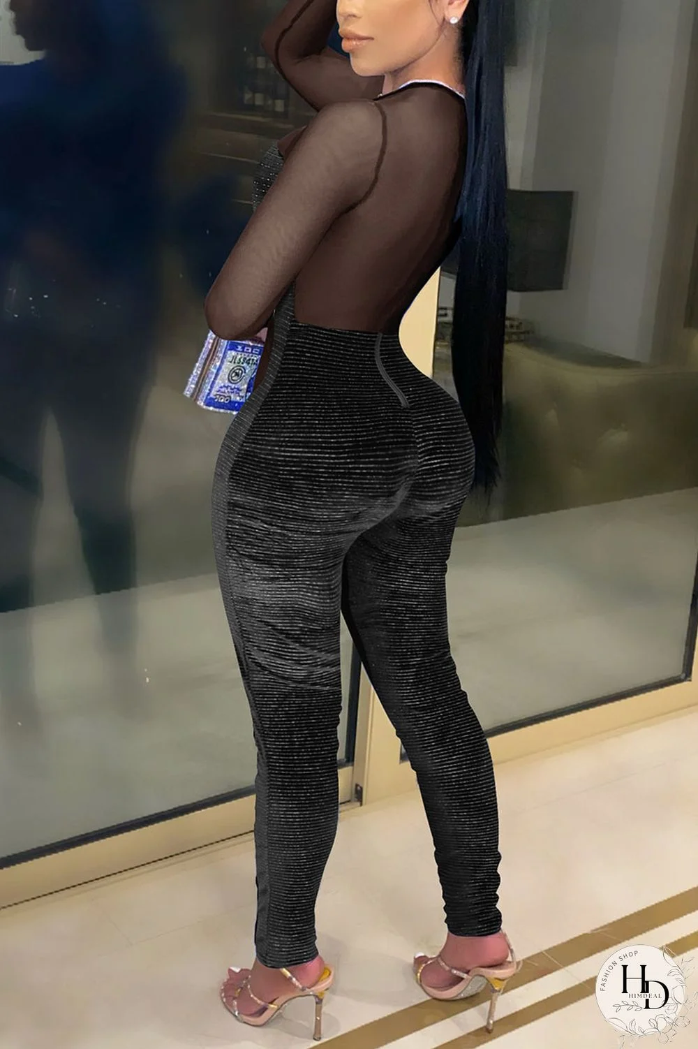 Black Sexy Solid Split Joint O Neck Skinny Jumpsuits