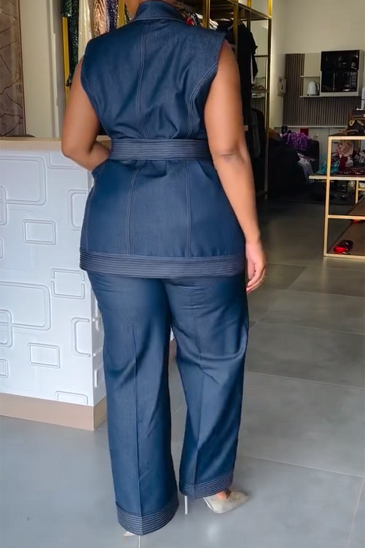 Plus Size Business Casual Blue Lapel Collar Wrap Pocket Tencel Denim Two Piece Pant Suits