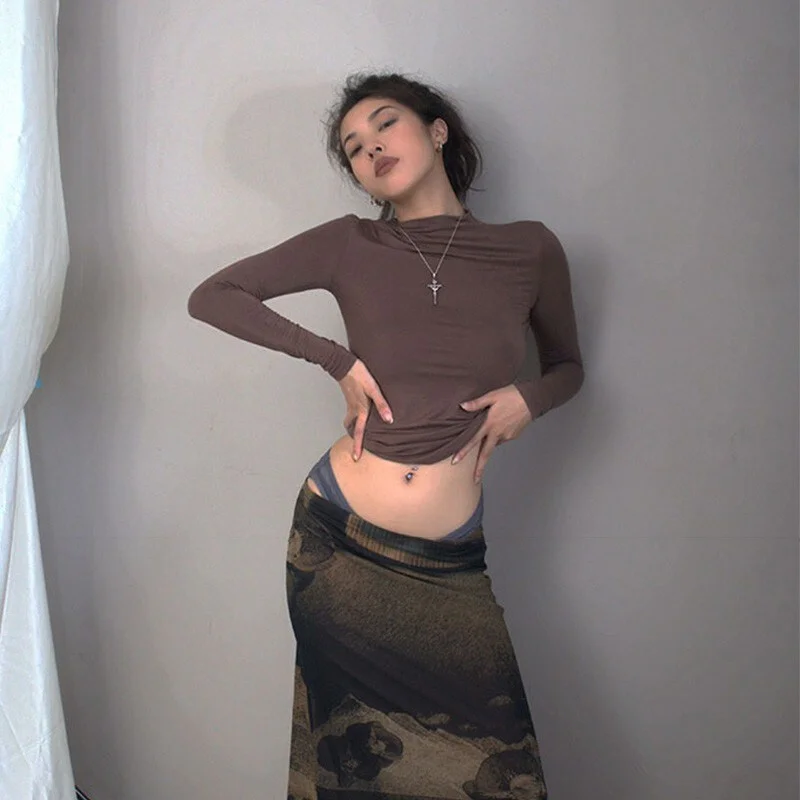 Toloer Toloer Korean Fashion Turtleneck Long Sleeve T-shirts Kpop Grunge Clothes Vintage Slim Solid Tops Modal Basic Tee Shirt Tight 1127-1-Outfit Ideas