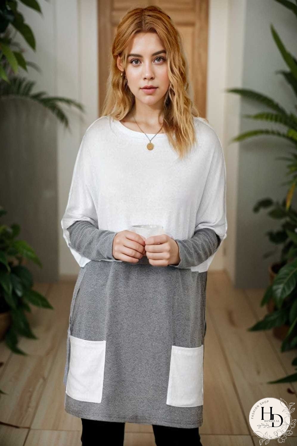 two color stitching pocket loose long sleeve t shirt