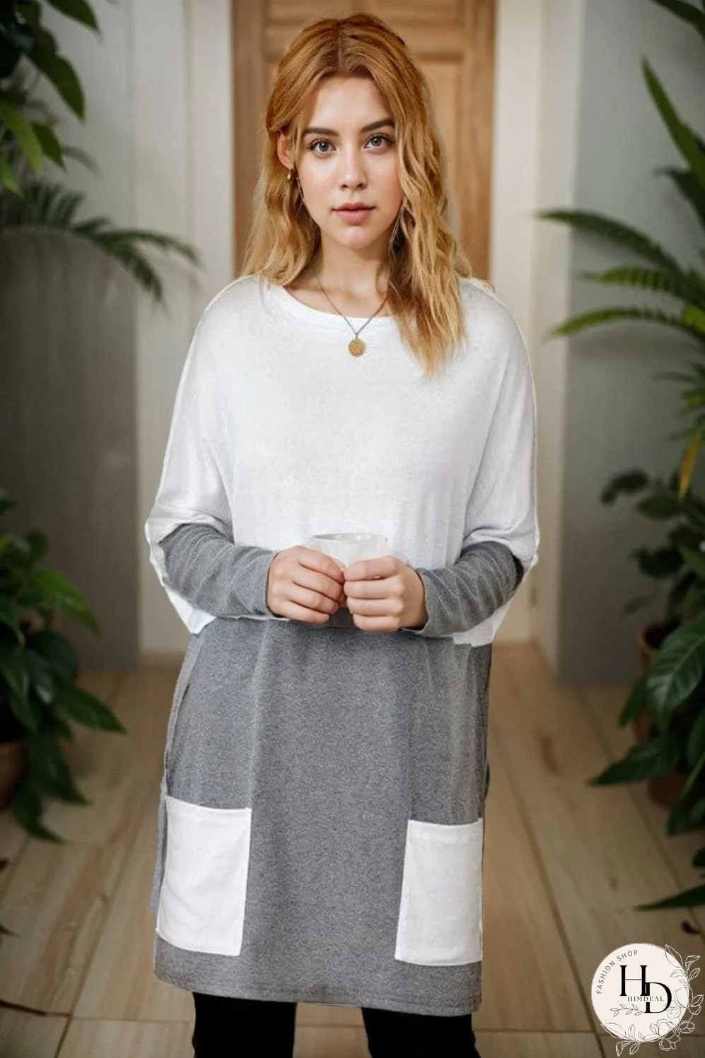 two color stitching pocket loose long sleeve t shirt