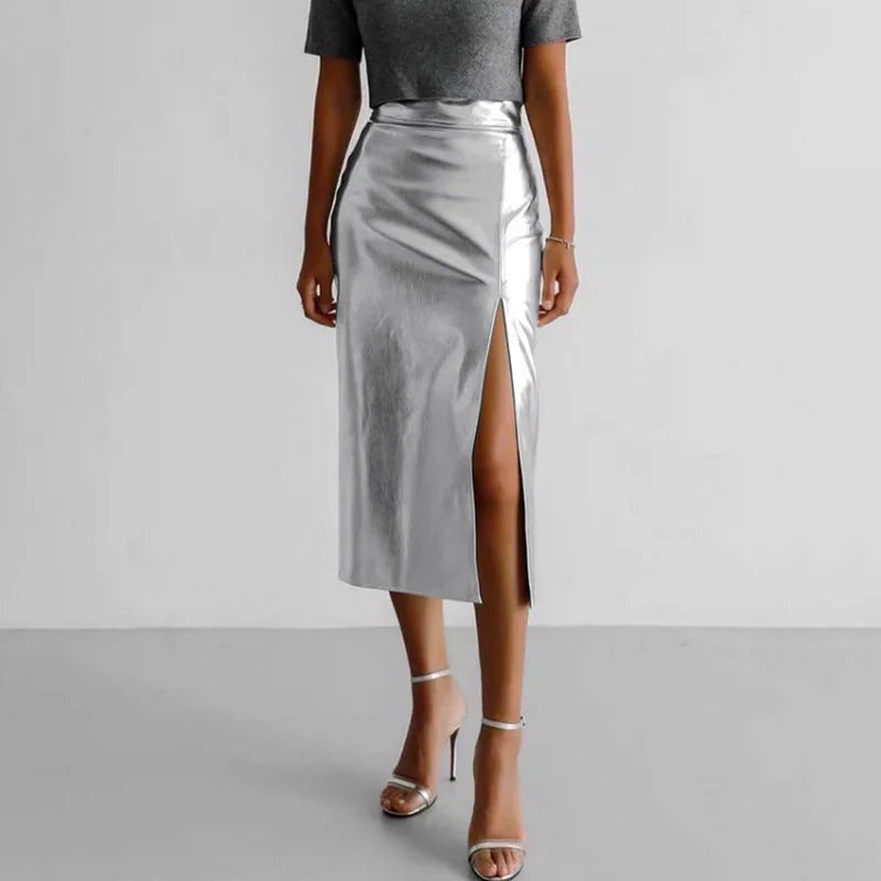 Aiertu Slit Silver Skirts Women Elegant High Waist Leather Pu Long Skirts Autumn Slim Party Sexy Straight Skirts Female Vintage Y2k Aiertu