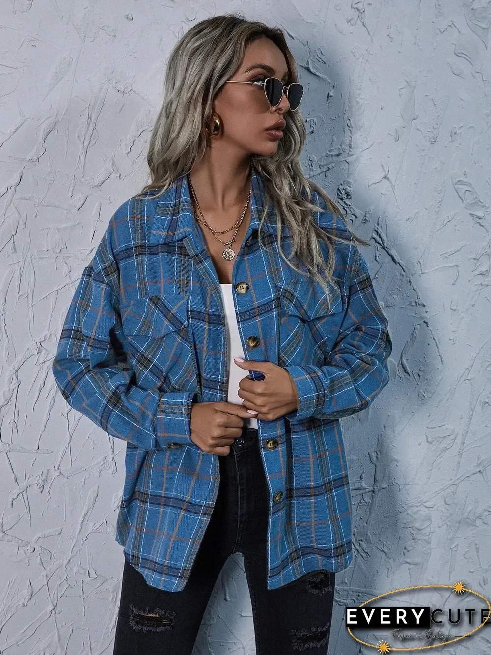Fashion Plaid Print Button Coat Women