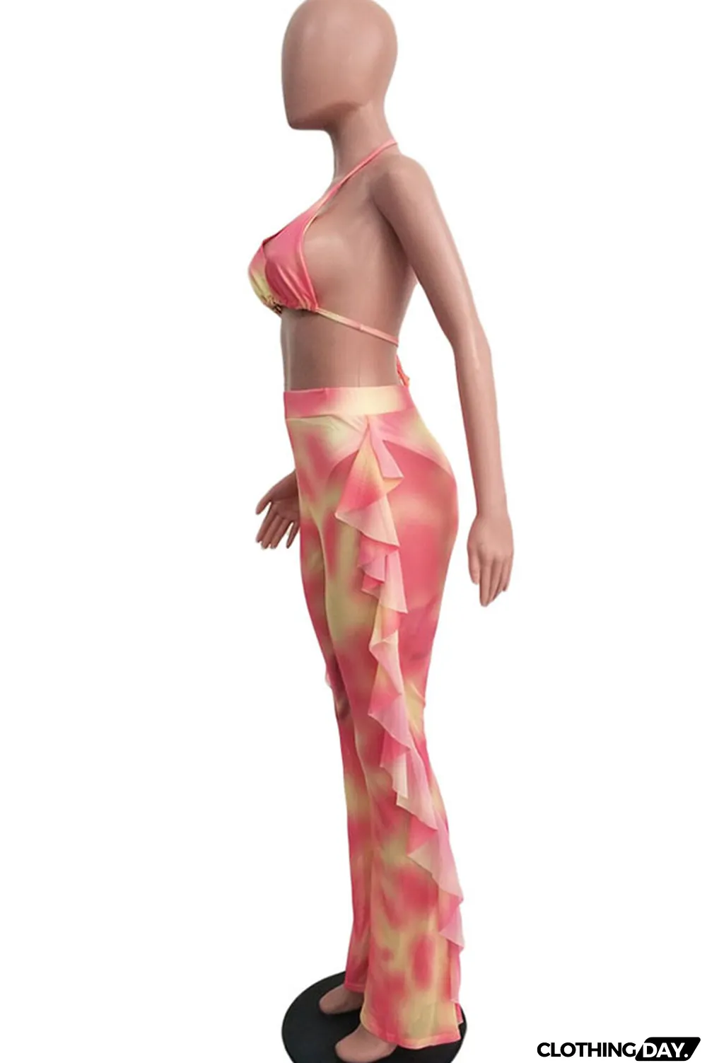 Yellow Polyester Sexy Fashion Stringy selvedge Print Tie Dye Patchwork Loose Sleeveless