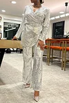 Women's Elegant Sequin Overlap Collar Top Set Suit