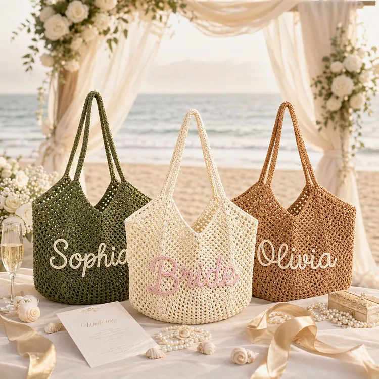 Personalised Straw Knitted Beach Bag and Crochet Tote - Unique Bridesmaid Gift Bags, Travel Wedding Favor, Bachelorette Trip Present
