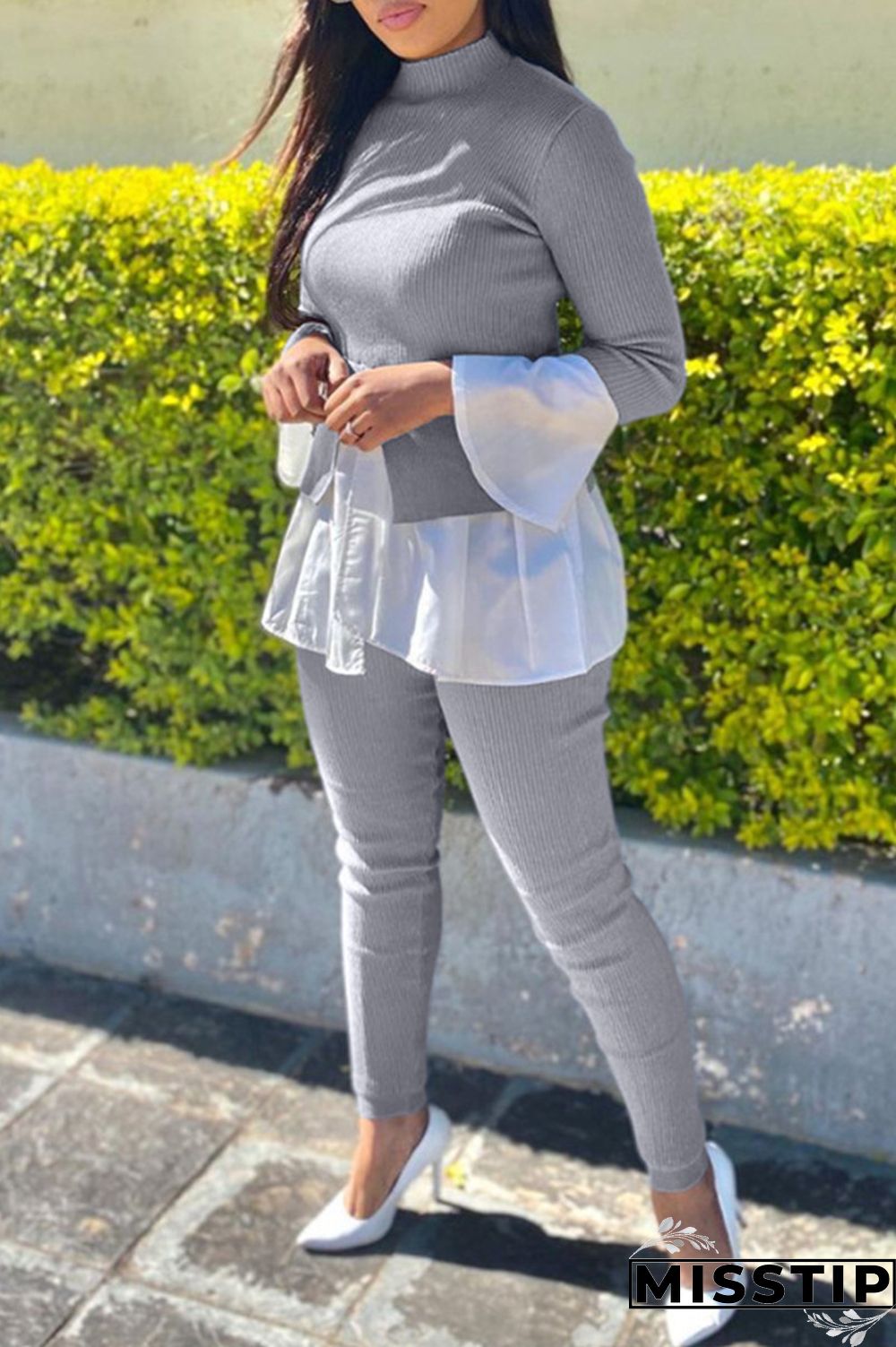 Grey Fashion Casual Patchwork Asymmetrical Half A Turtleneck Long Sleeve Two Pieces