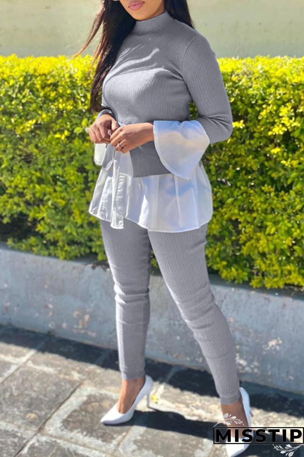 Grey Fashion Casual Patchwork Asymmetrical Half A Turtleneck Long Sleeve Two Pieces