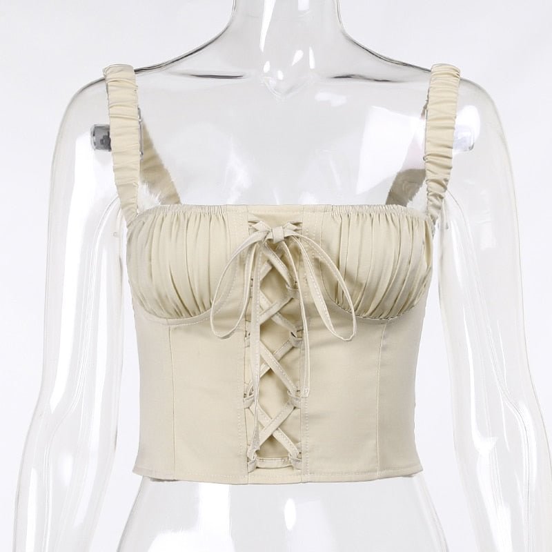WannaThis Ruched Lace Up Backless Camisole Tops For Women Elastic Sleeveless Front Cross Summer Slim Sexy Girl Cropped Top 2021