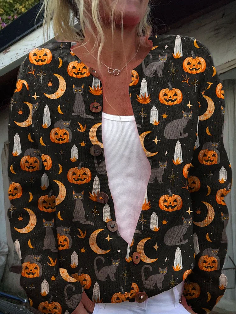 Halloween Black Cat Art Print Buttoned Cardigan Sweater