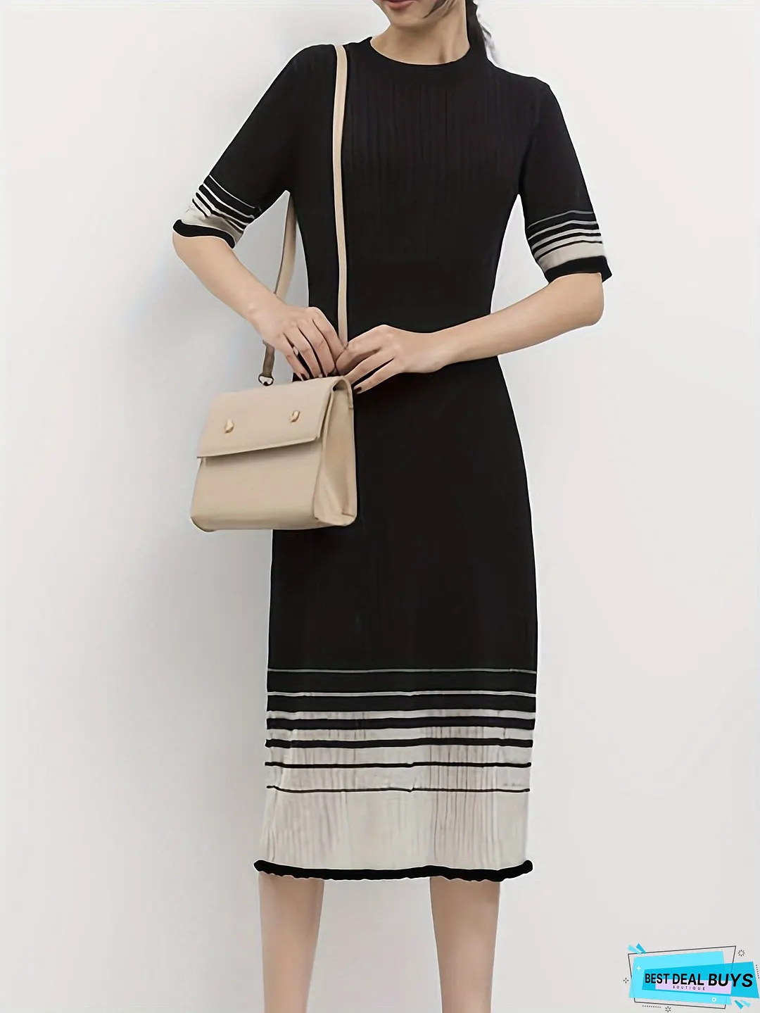 Contrast Mesh Ribbed Dress, Elegant Short Sleeve Dress For Spring & Summer, Women's Clothing