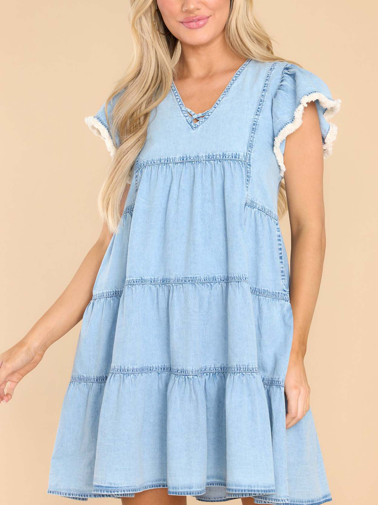 Ruffle Short Sleeve  V Neck Pleated Tiered Side Pocket Mini Dress