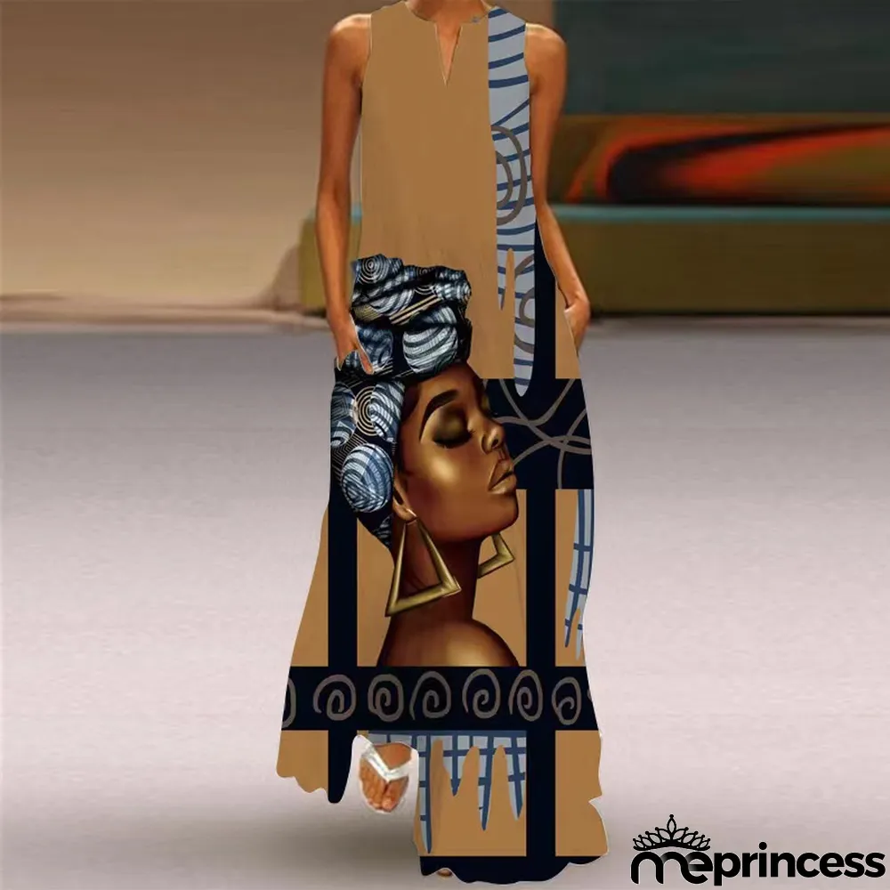 Summer women's sleeveless dress v-neck printed face dress