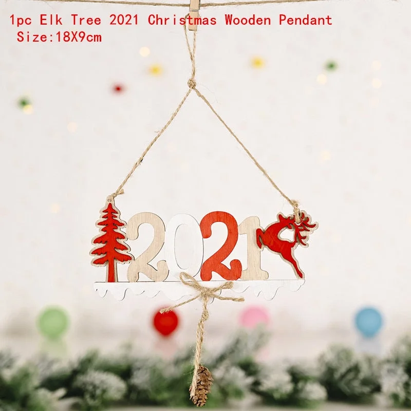 2022 New Year Xmas Elk Wood Craft Christmas Tree Ornament Noel Christmas Decoration for Home Wooden Pendant Navidad 2021 Gift