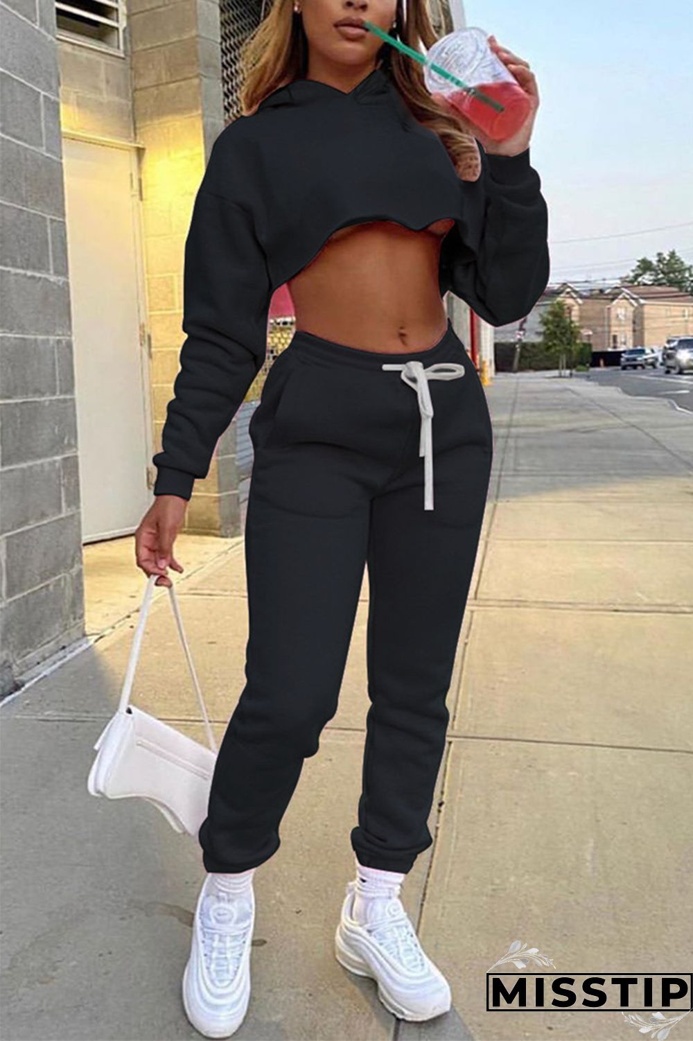 Grey Casual Solid Patchwork Hooded Collar Long Sleeve Regular Sleeve Short Two Pieces