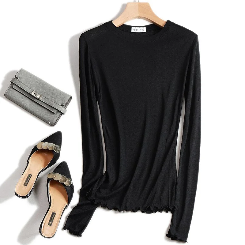 Christmas Gift Slim  Thin T-shirt See Through High Elasticity T Shirt Women Long Sleeve Tshirt 2023 Summer Tops Korean Fashion Clothing To