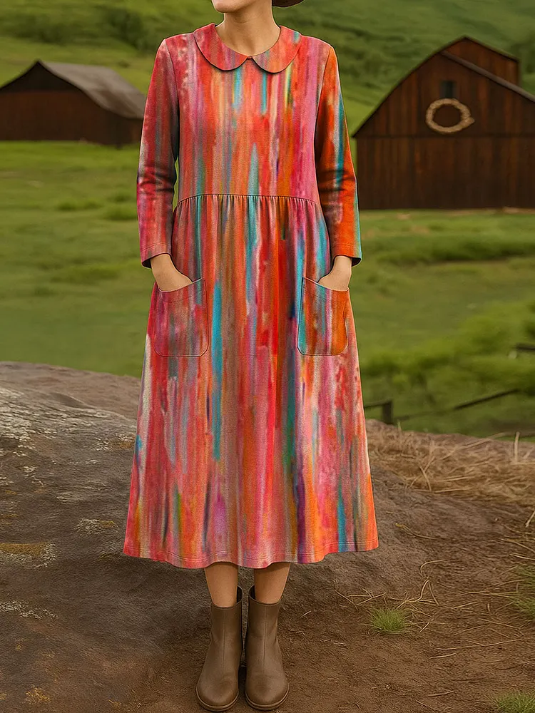 Women's Vintage Abstract Geometric Art Print Cotton Lapel Button-Down Shirt Dress