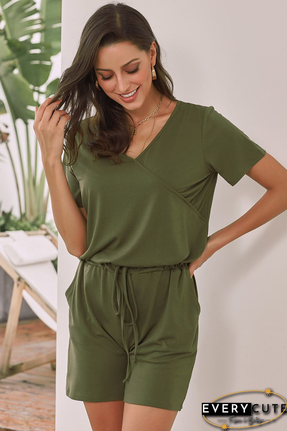 Green Casual Loose Short Sleeve Romper with Pockets