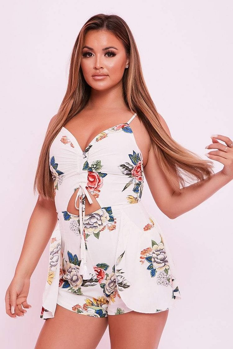 White Floral Plunge Neck Cut Out Playsuit - Margo Katch Me