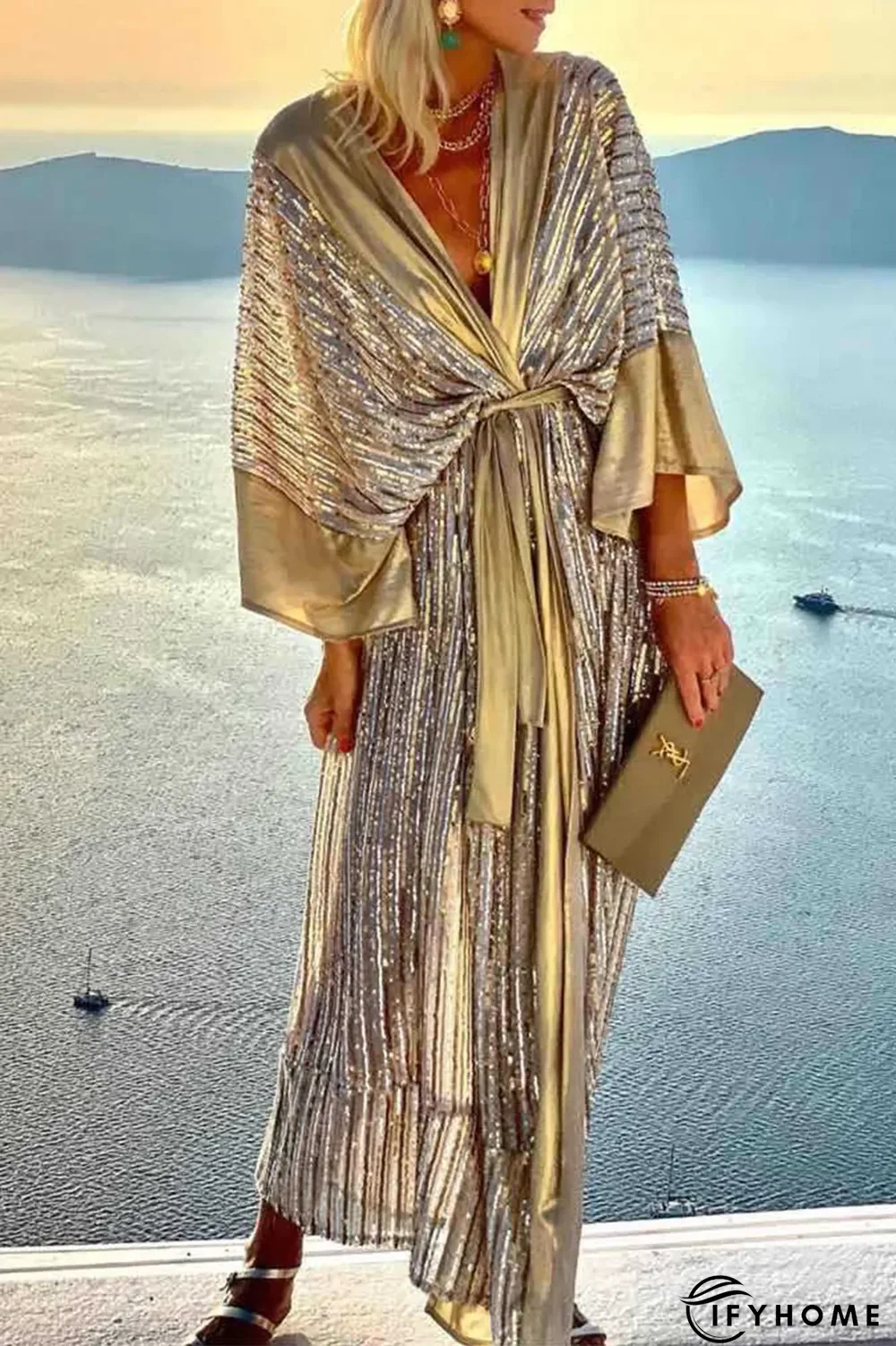 Casual Patchwork Sequins V Neck Waist Skirt Dresses(3 Colors) | IFYHOME