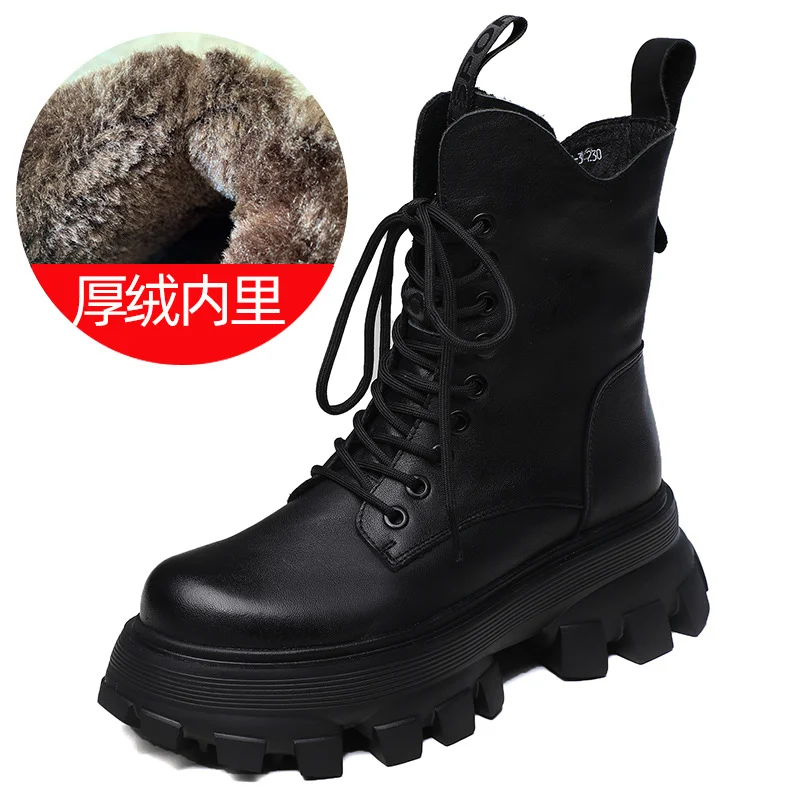 Yyvonne Layer Of Cow Skin Leather Pine Cake Foam Thick Base Lightweight Martin Boots Women Autumn And Winter Engren Wind Height Locomotive Boots Single Boots